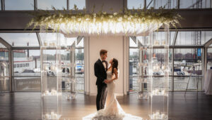 Couple embracing under chuppah