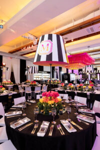Black and white decor at a Mark Hotel Theme Mitzvah at Pier Sixty