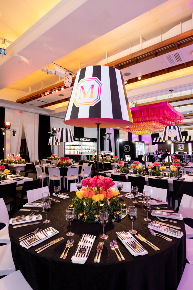 Black and white decor at a Mark Hotel Theme Mitzvah at Pier Sixty