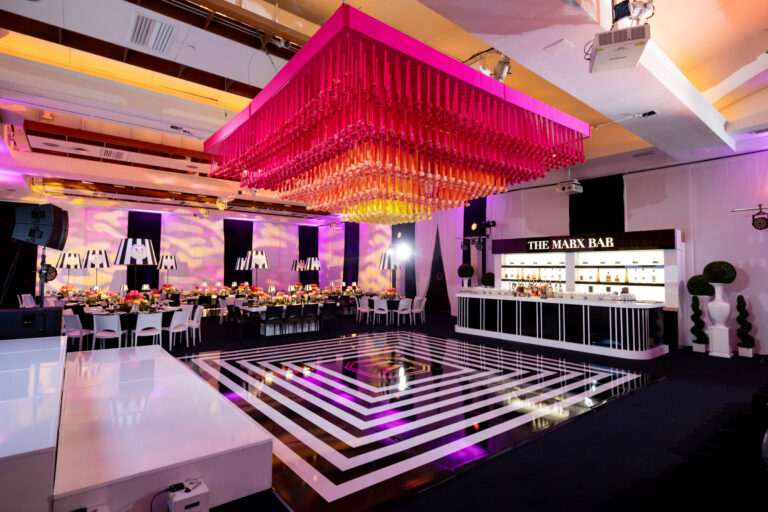 Built-out over the Black and White Dance floor at a Mark Hotel Theme Mitzvah at Pier Sixty