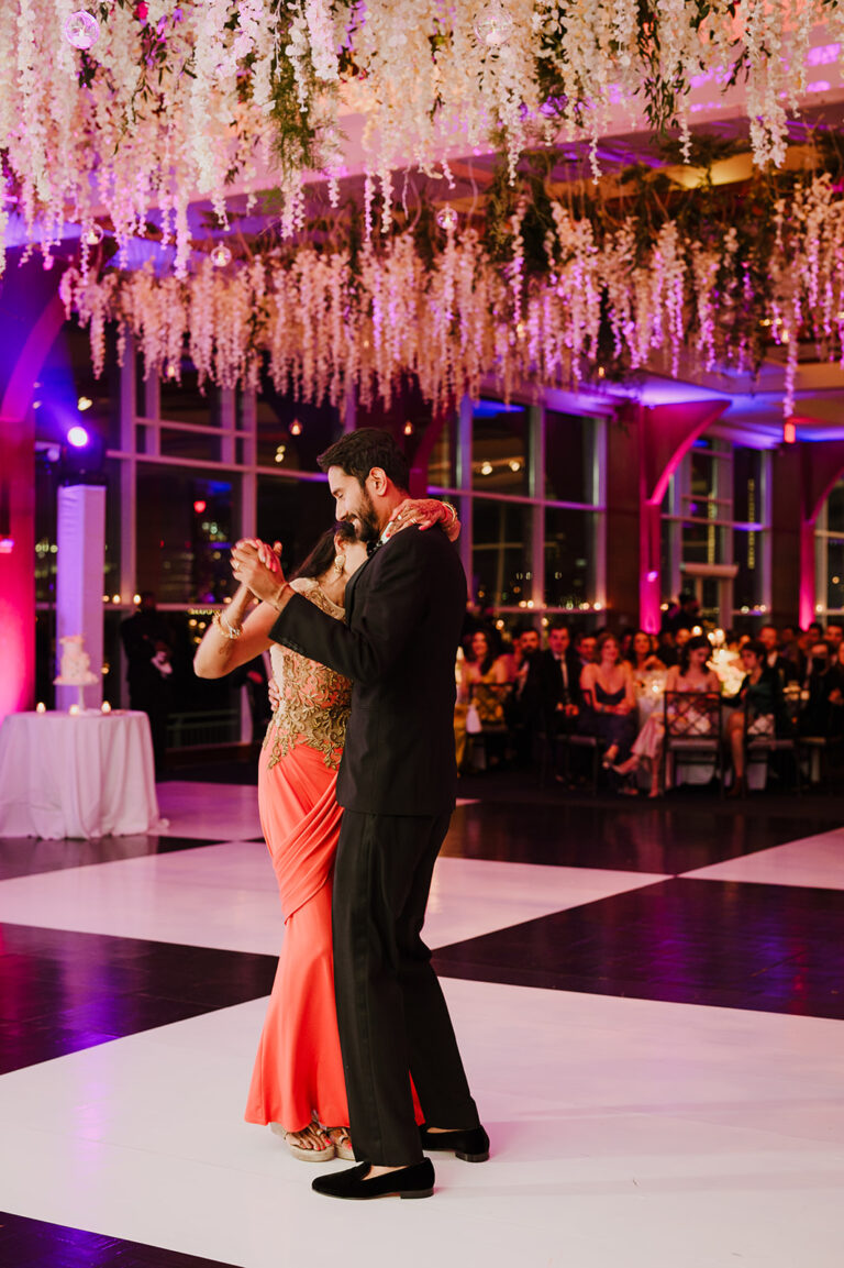 Indian Wedding - Black and White dancefloor for Bride and Groom doing the first dance for Taylor + Priyank Wedding at Pier Sixty