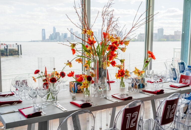Met Life & Sport Theme Table Decor with a great view of the Hudson River for Max Mitzvah at The Lighthouse